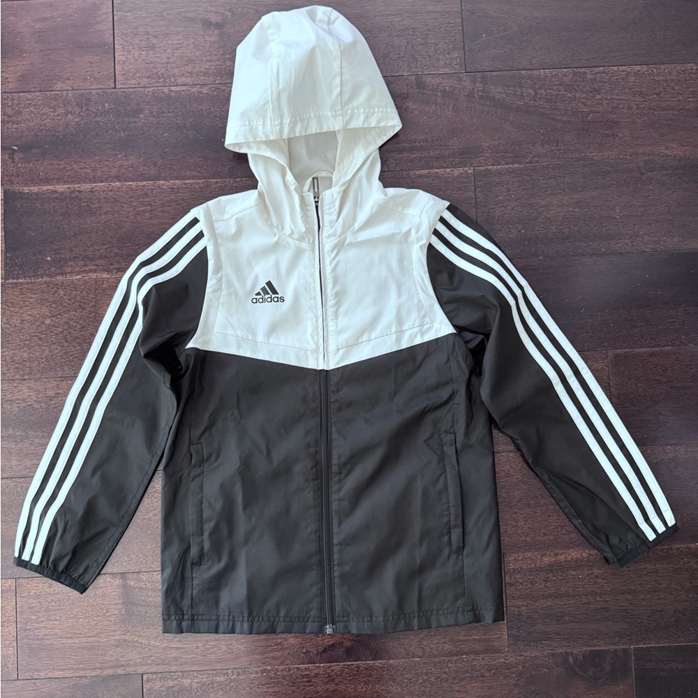 Adidas Kids Hooded Windbreaker in Black and White (XS)